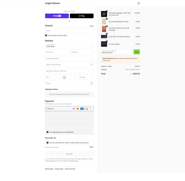 Insight Editions checkout page showing Insight Editions discount code box | Screenshot taken by SimplyCodes community member on Aug 28, 2025