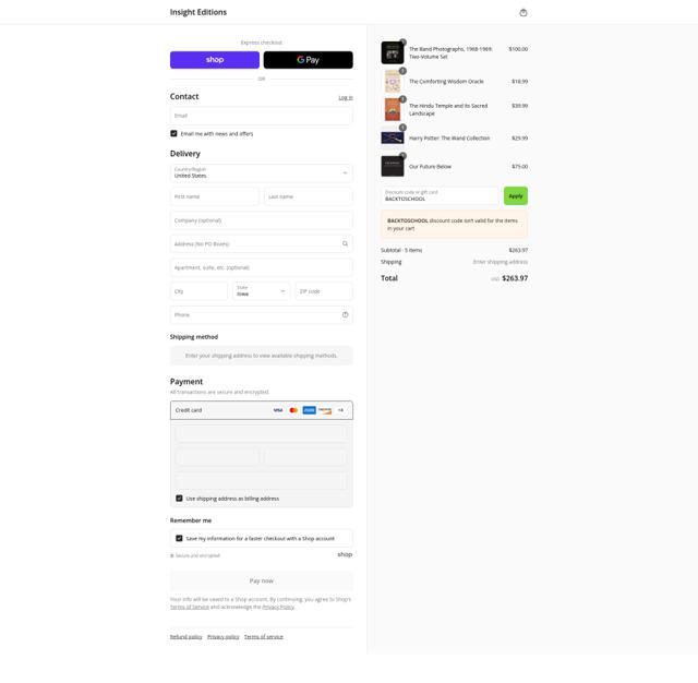 Insight Editions checkout page showing Insight Editions discount code box | Screenshot taken by SimplyCodes community member on Sep 6, 2025