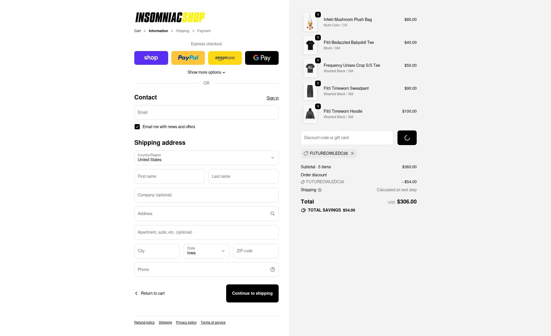 Insomniac Shop checkout page showing Insomniac Shop discount code box | Screenshot taken by SimplyCodes community member on Feb 14, 2026