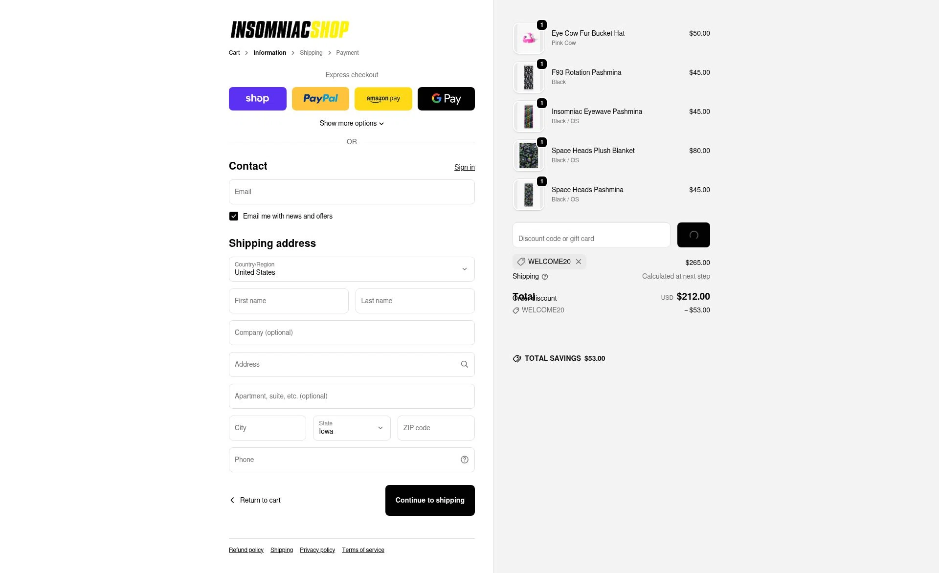 Insomniac Shop checkout page showing Insomniac Shop discount code box | Screenshot taken by SimplyCodes community member on Feb 9, 2026