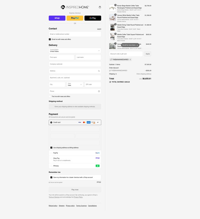Inspired Home checkout page showing Inspired Home promo code box | Screenshot taken by SimplyCodes community member on Sep 3, 2025
