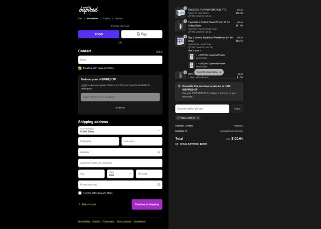 Inspired Nutraceuticals checkout page showing Inspired Nutraceuticals discount code box | Screenshot taken by SimplyCodes community member on Sep 7, 2025