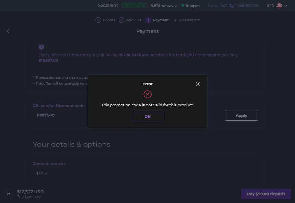 Inspiring Vacations checkout page showing Inspiring Vacations discount code box | Screenshot taken by SimplyCodes community member on Jan 9, 2026