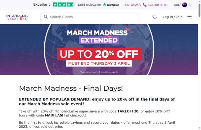 Inspiring Vacations AU checkout page showing Inspiring Vacations AU promo code box | Screenshot taken by SimplyCodes community member on Jun 28, 2025