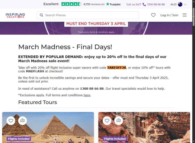 Inspiring Vacations AU checkout page showing Inspiring Vacations AU promo code box | Screenshot taken by SimplyCodes community member on Jul 27, 2025