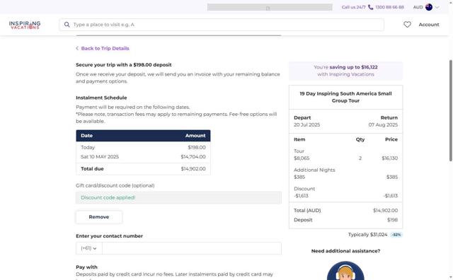 Inspiring Vacations AU checkout page showing Inspiring Vacations AU promo code box | Screenshot taken by SimplyCodes community member on May 8, 2025