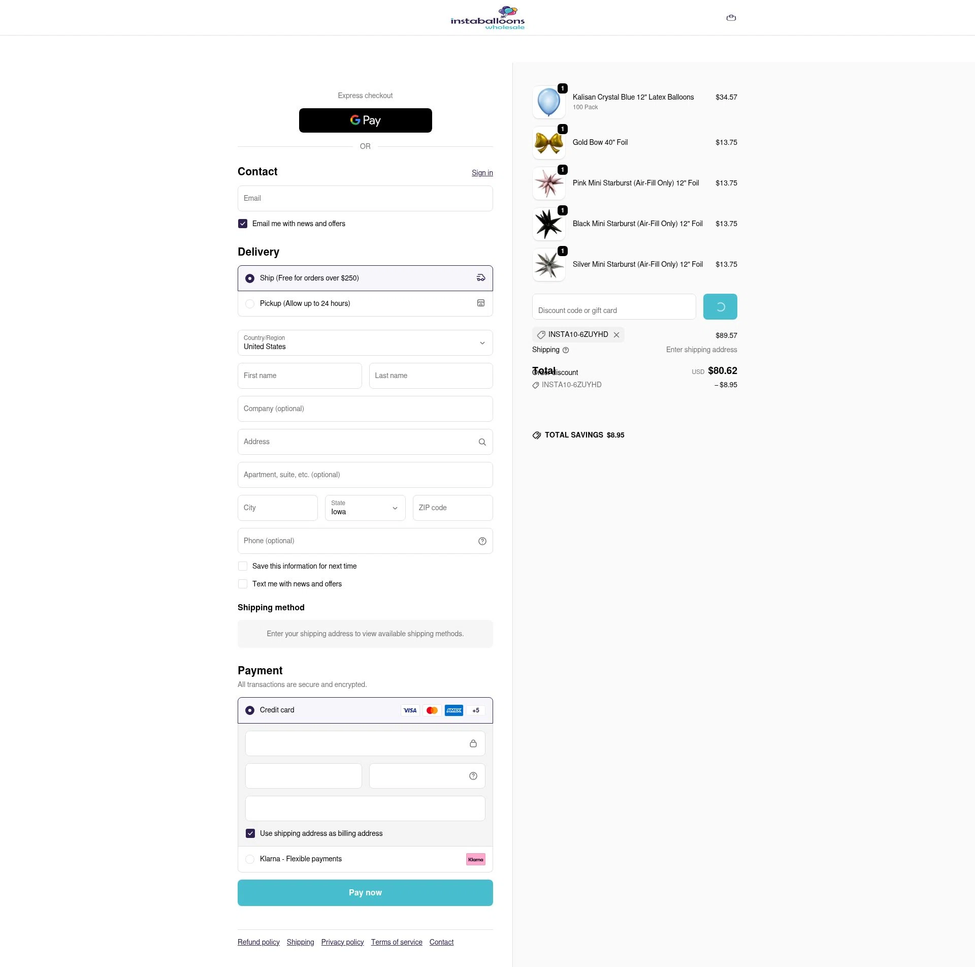 Instaballoons Wholesale checkout page showing Instaballoons Wholesale promo code box | Screenshot taken by SimplyCodes community member on Jan 13, 2026
