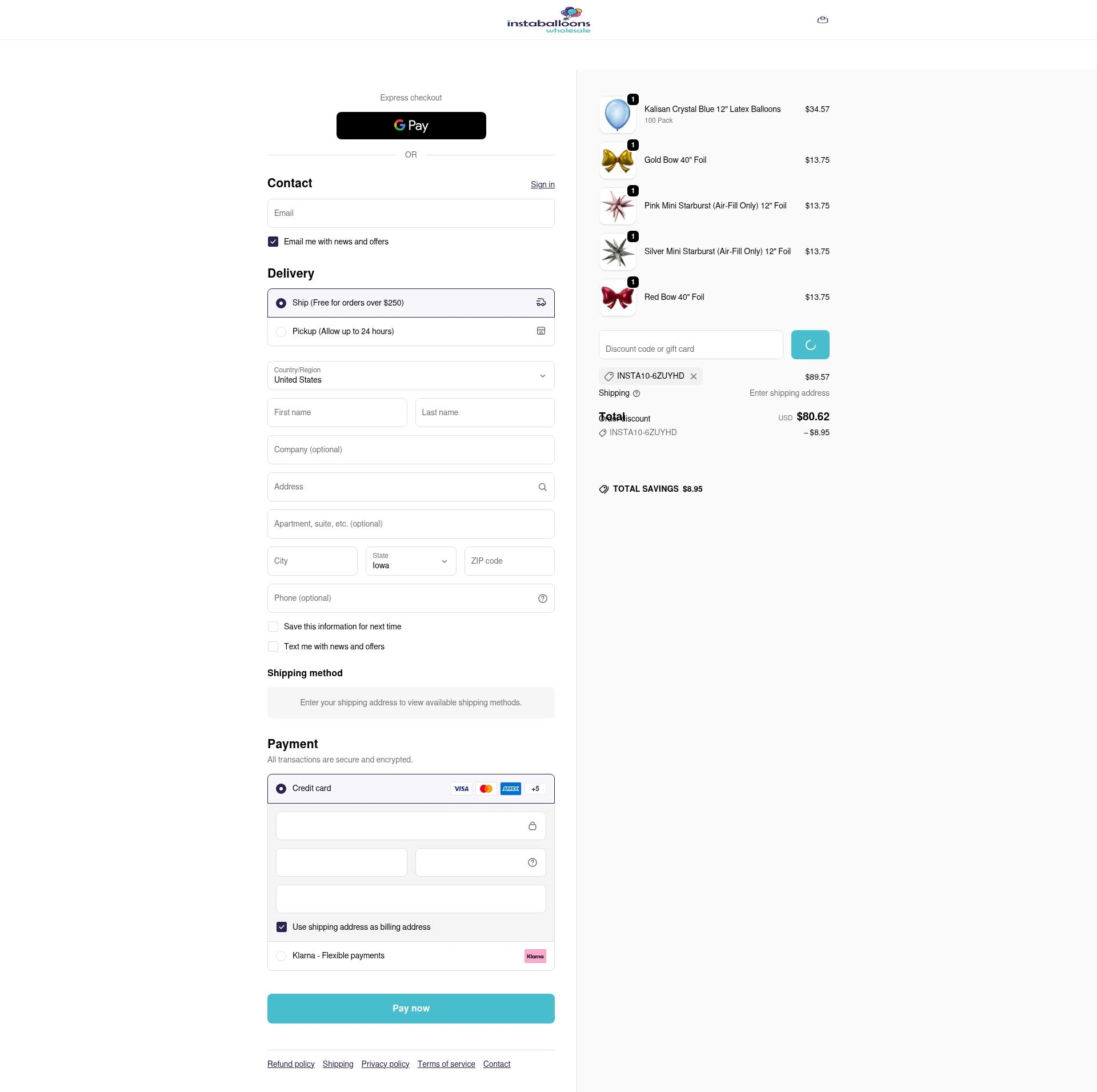 Instaballoons Wholesale checkout page showing Instaballoons Wholesale promo code box | Screenshot taken by SimplyCodes community member on Feb 10, 2026