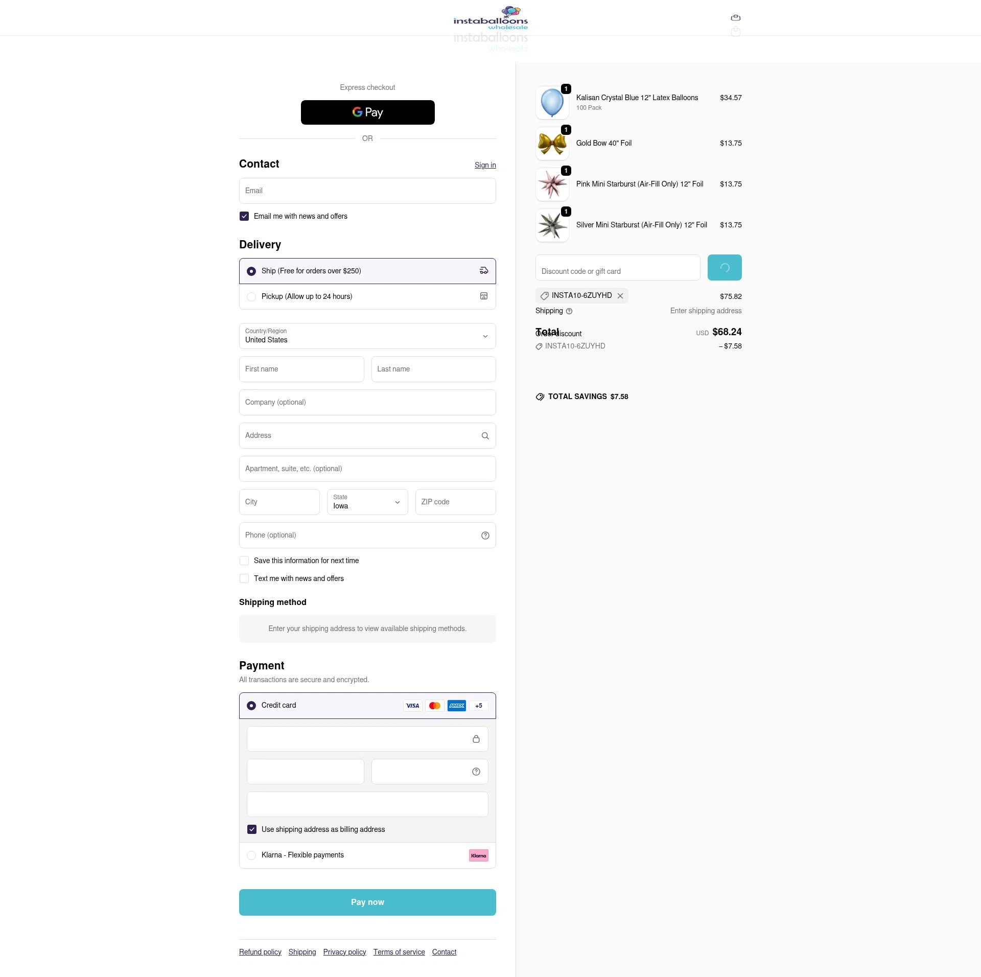 Instaballoons Wholesale checkout page showing Instaballoons Wholesale promo code box | Screenshot taken by SimplyCodes community member on Feb 5, 2026