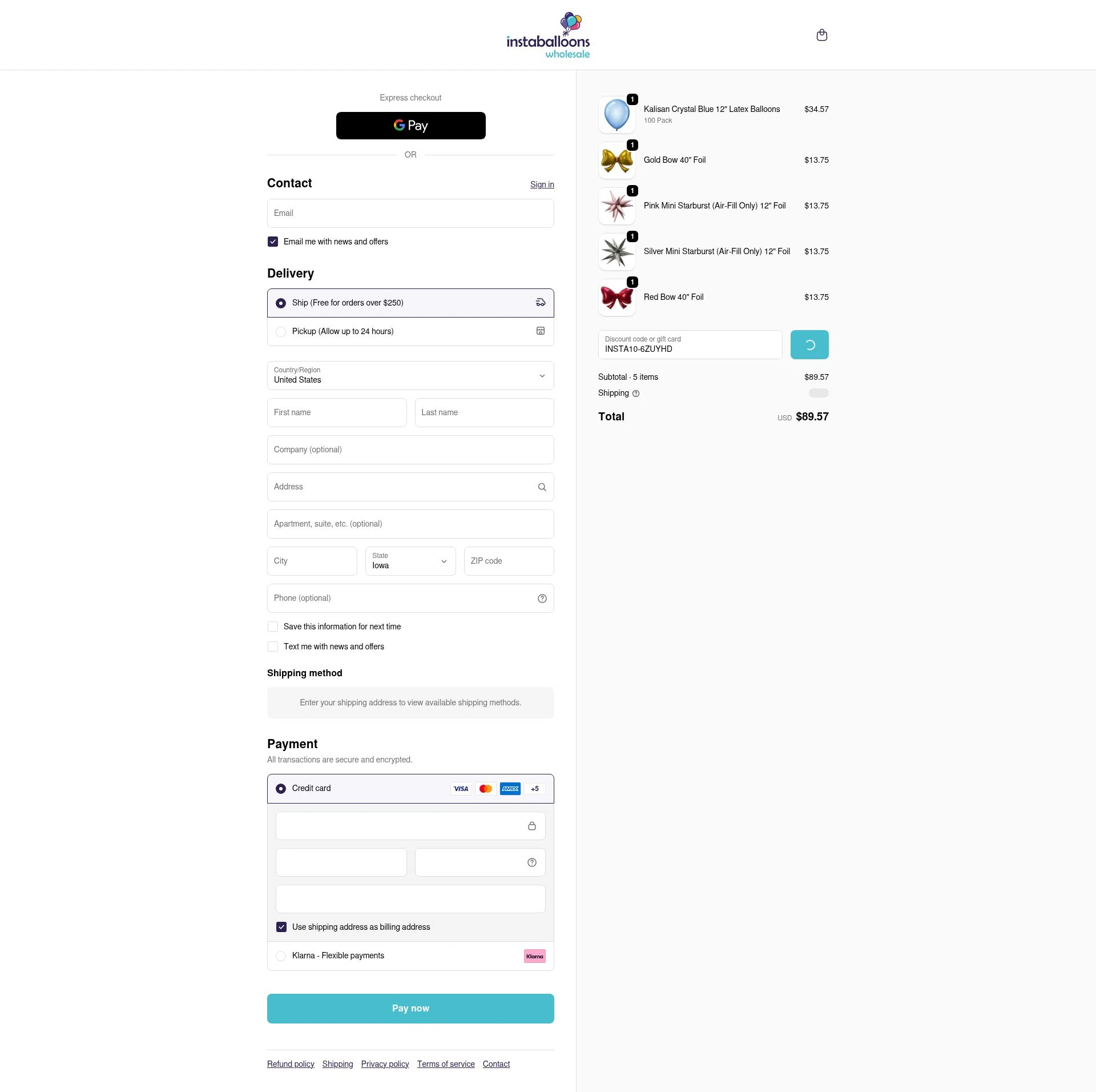 Instaballoons Wholesale checkout page showing Instaballoons Wholesale promo code box | Screenshot taken by SimplyCodes community member on Feb 14, 2026