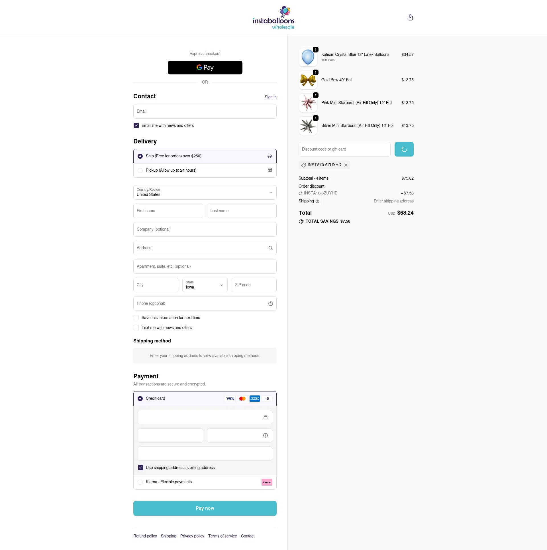 Instaballoons Wholesale checkout page showing Instaballoons Wholesale promo code box | Screenshot taken by SimplyCodes community member on Jan 28, 2026