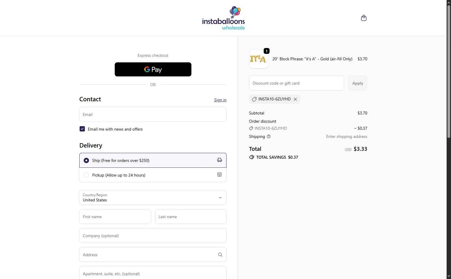 Instaballoons Wholesale checkout page showing Instaballoons Wholesale promo code box | Screenshot taken by SimplyCodes community member on Jan 28, 2026