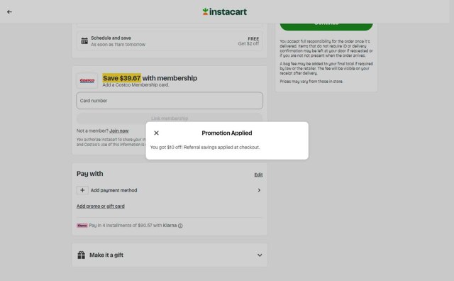 Instacart checkout page showing Instacart promo code box | Screenshot taken by SimplyCodes community member on Aug 24, 2025
