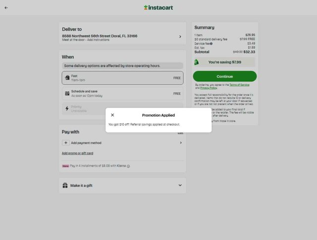 Instacart checkout page showing Instacart promo code box | Screenshot taken by SimplyCodes community member on Aug 23, 2025