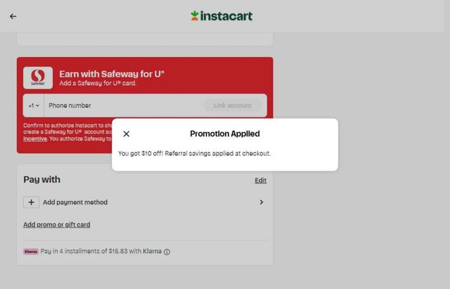 Instacart checkout page showing Instacart promo code box | Screenshot taken by SimplyCodes community member on Aug 28, 2025