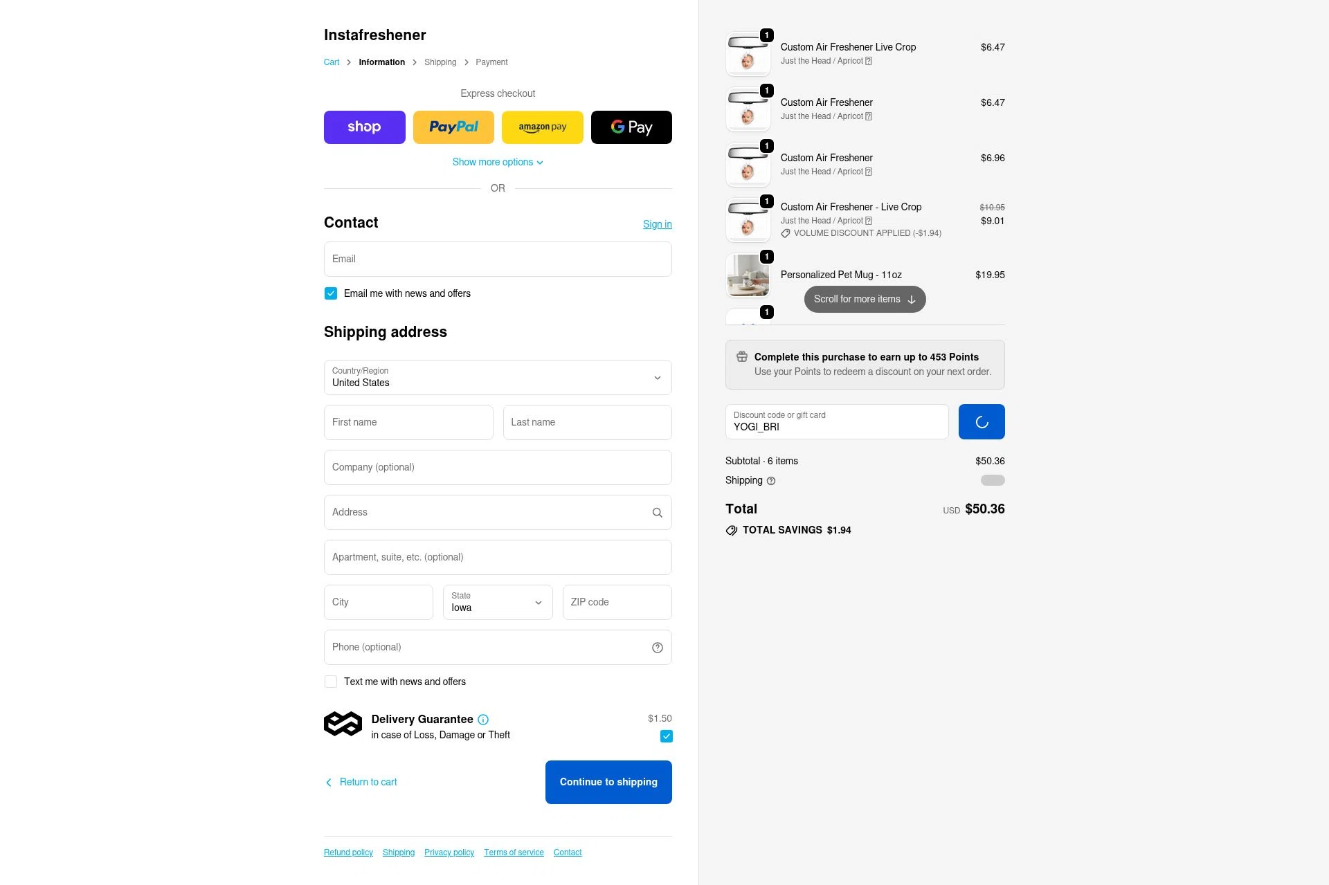 Instafreshener checkout page showing Instafreshener discount code box | Screenshot taken by SimplyCodes community member on Feb 7, 2026