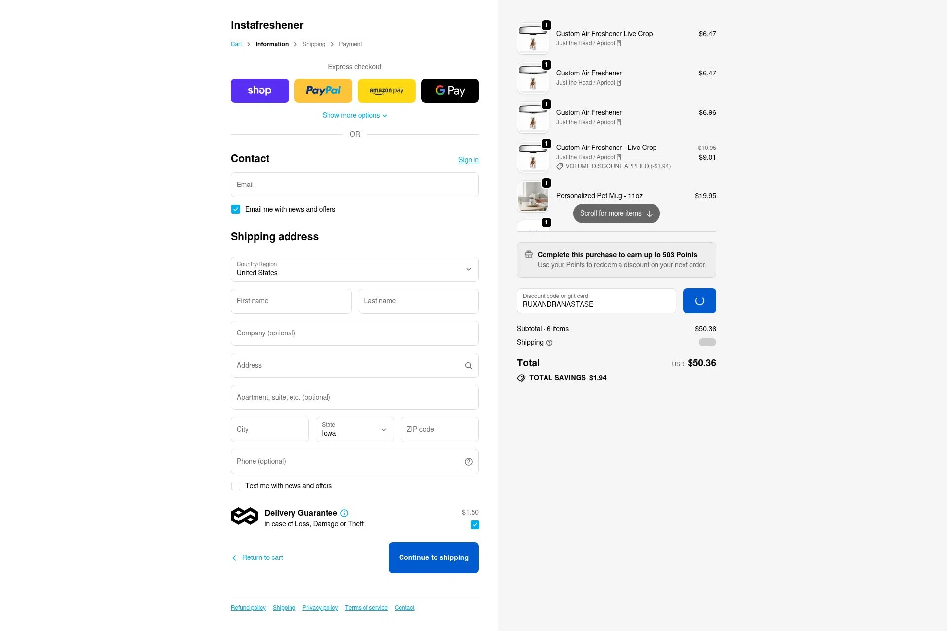 Instafreshener checkout page showing Instafreshener discount code box | Screenshot taken by SimplyCodes community member on Feb 7, 2026