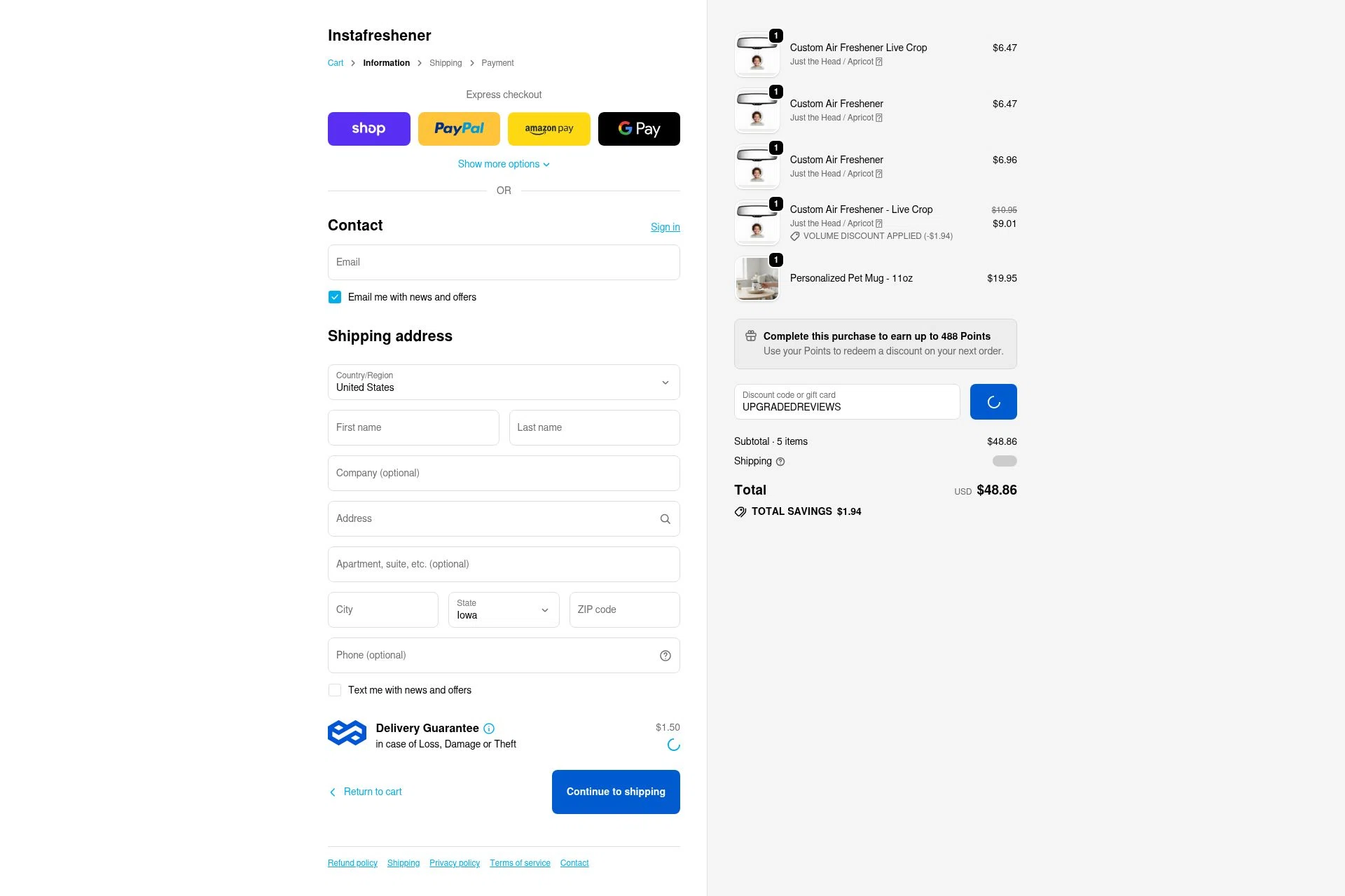 Instafreshener checkout page showing Instafreshener discount code box | Screenshot taken by SimplyCodes community member on Feb 7, 2026