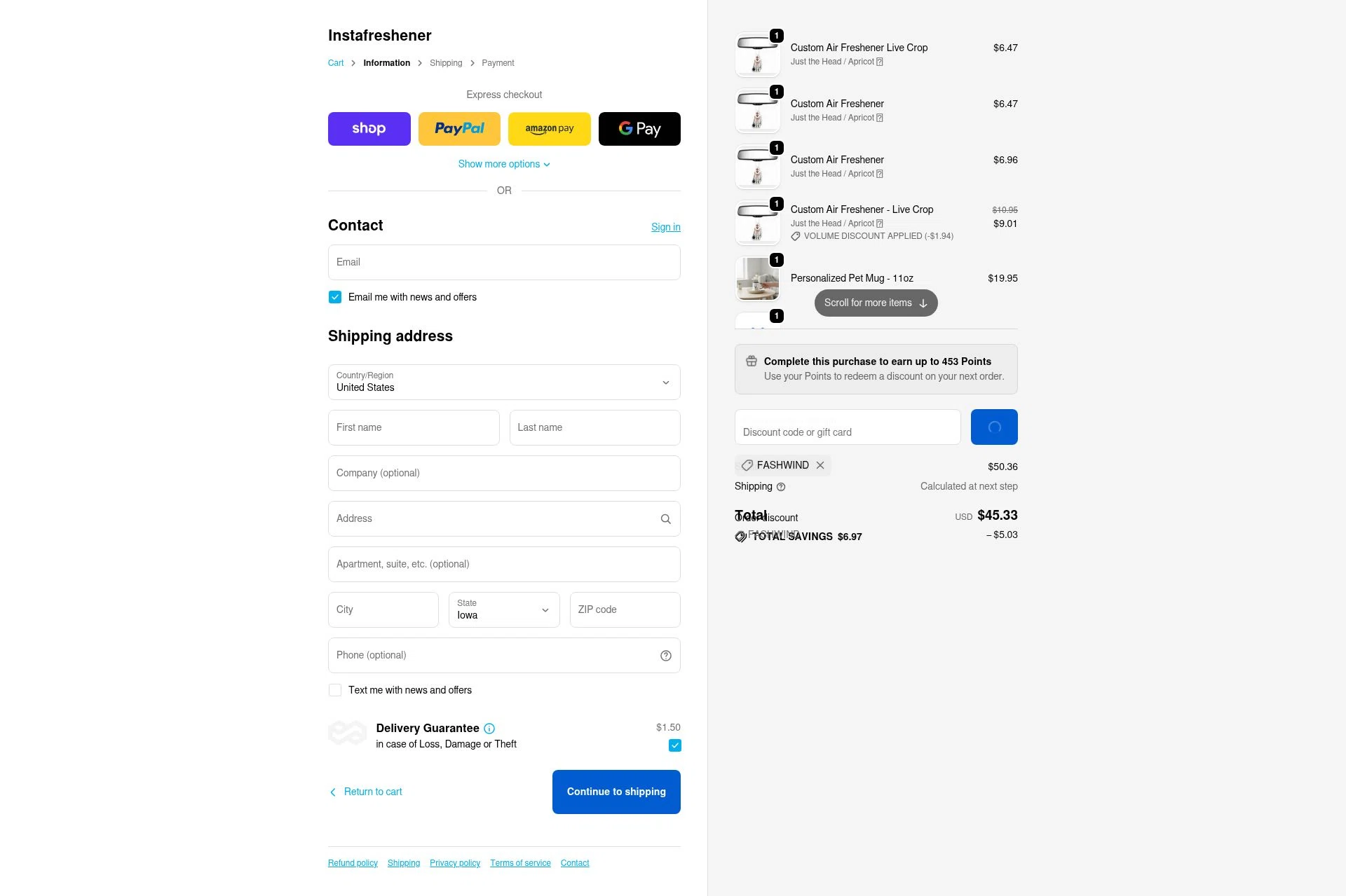 Instafreshener checkout page showing Instafreshener discount code box | Screenshot taken by SimplyCodes community member on Feb 7, 2026