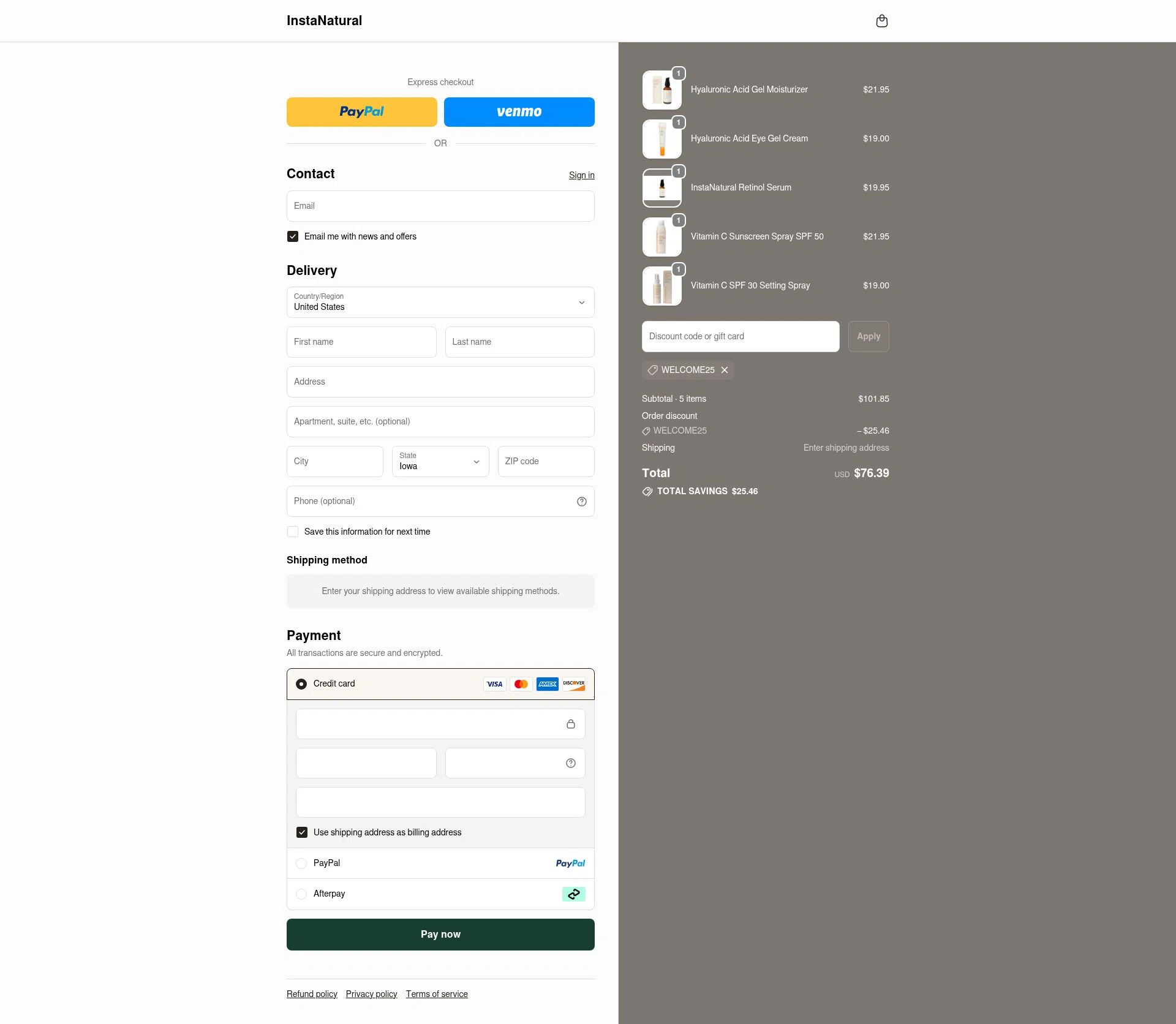 Insta Natural checkout page showing Insta Natural promo code box | Screenshot taken by SimplyCodes community member on Dec 28, 2025