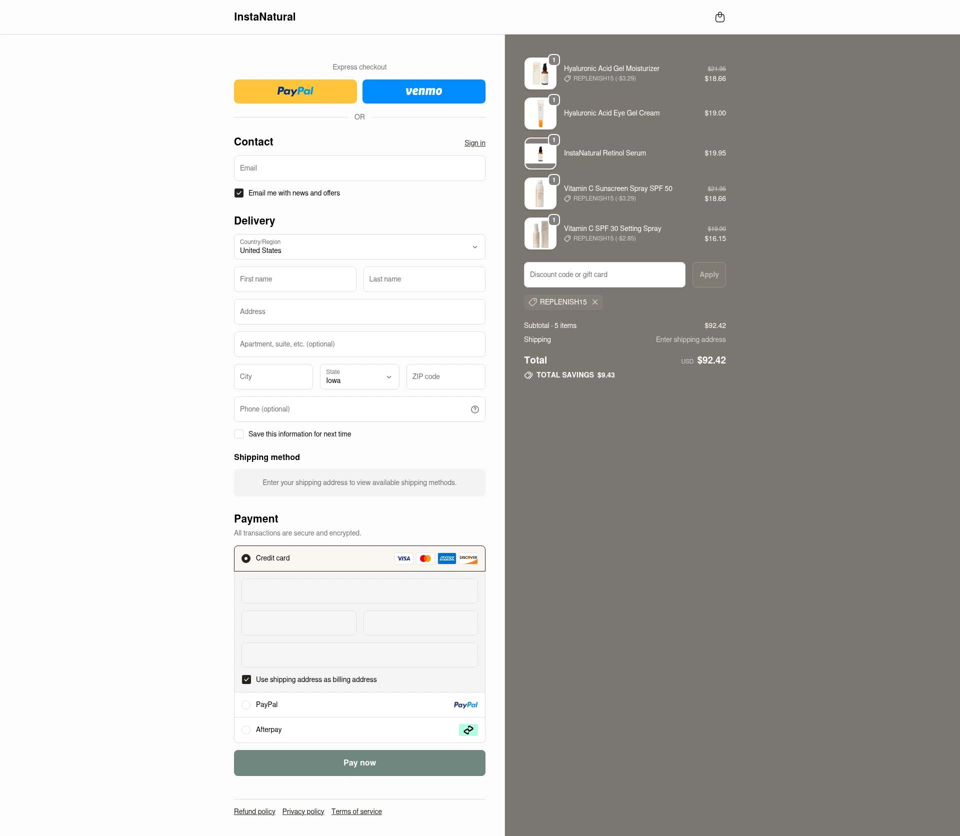 Insta Natural checkout page showing Insta Natural promo code box | Screenshot taken by SimplyCodes community member on Jan 2, 2026