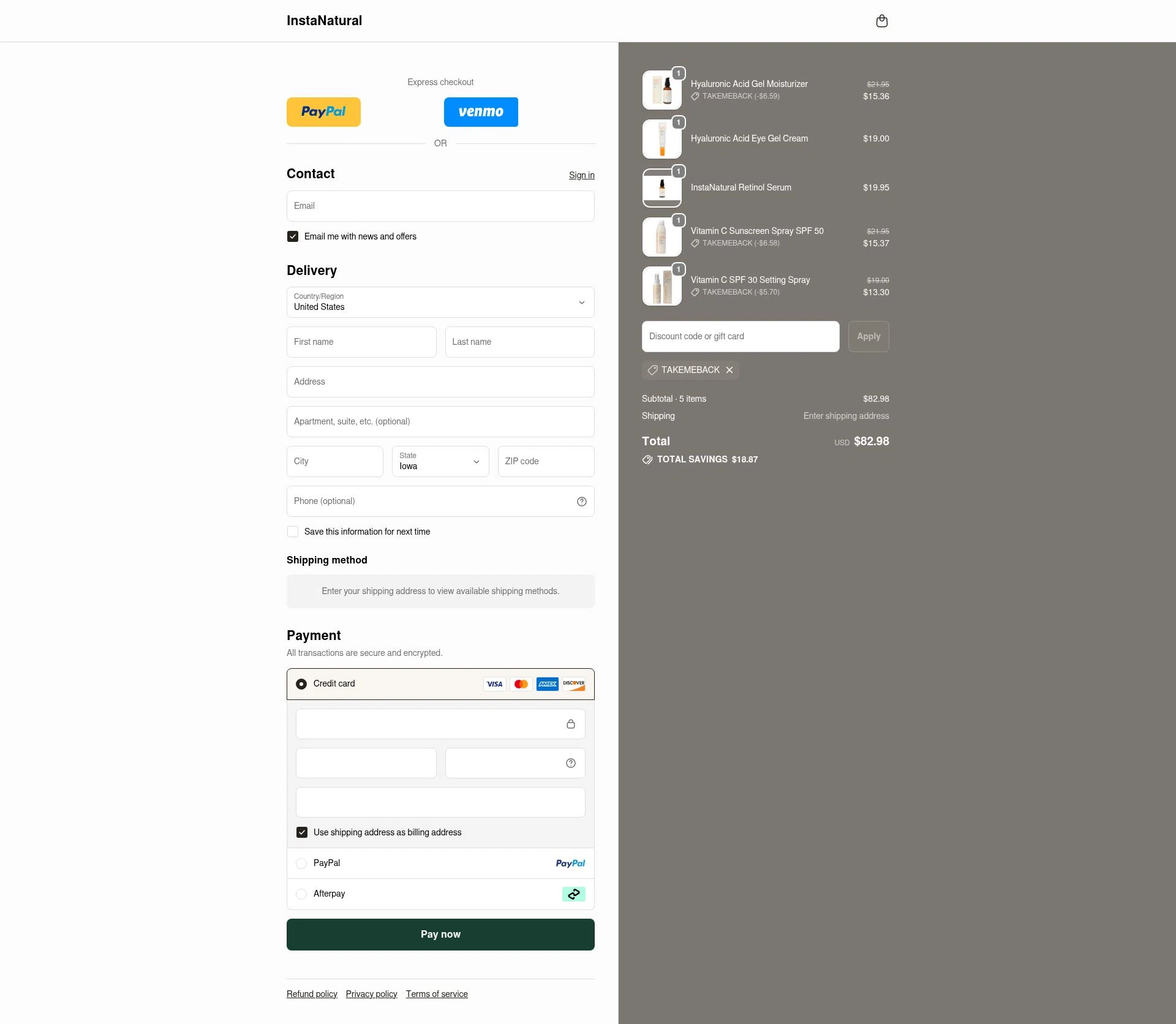 Insta Natural checkout page showing Insta Natural promo code box | Screenshot taken by SimplyCodes community member on Jan 2, 2026