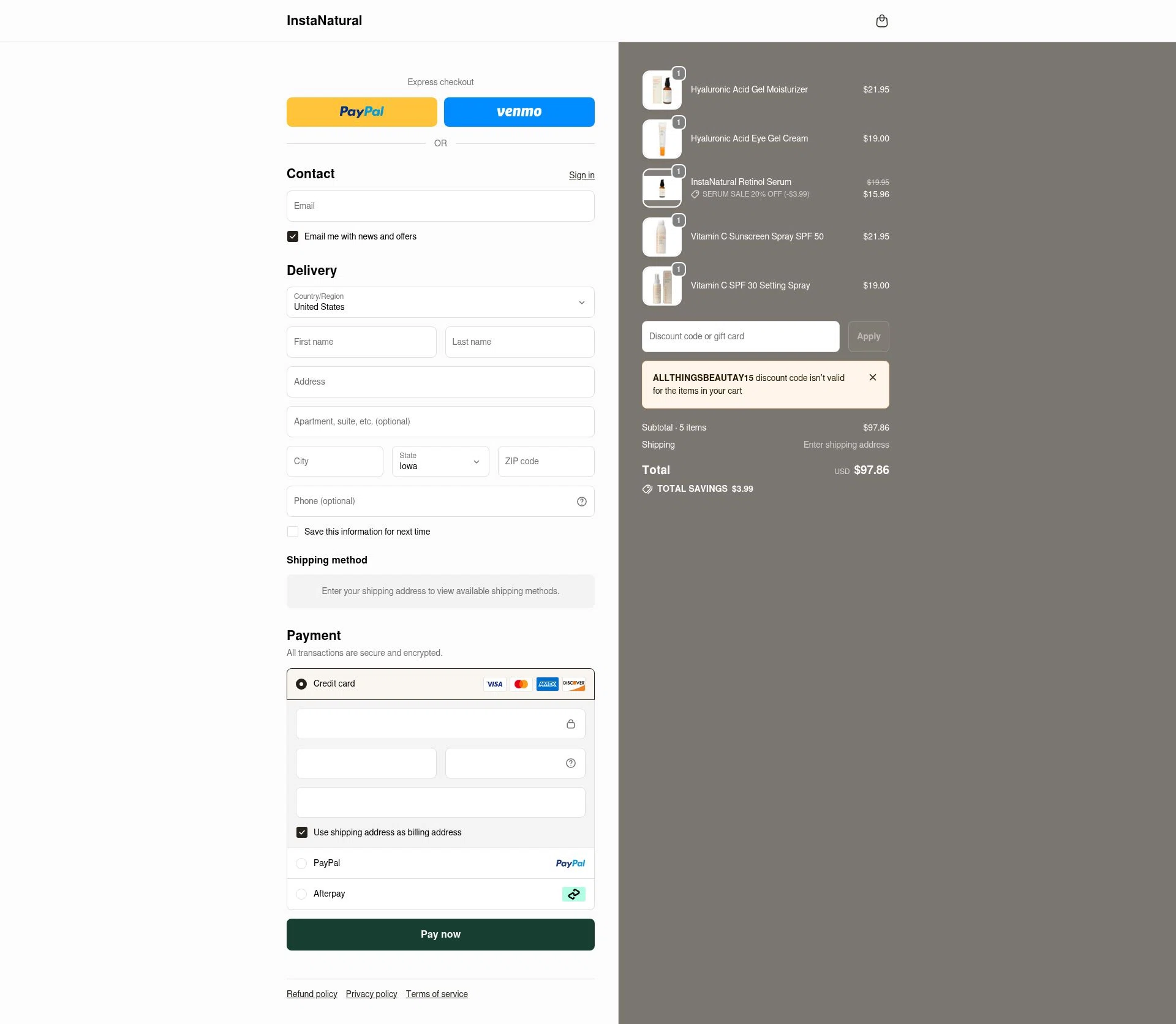 Insta Natural checkout page showing Insta Natural promo code box | Screenshot taken by SimplyCodes community member on Jan 2, 2026
