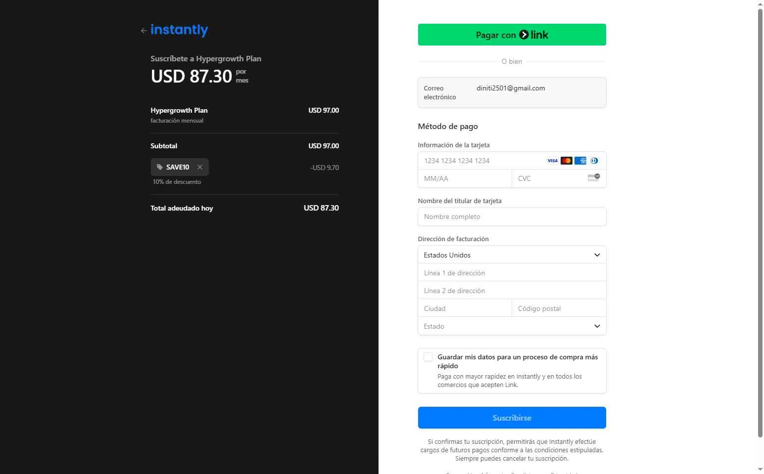 Instantly checkout page showing Instantly promo code box | Screenshot taken by SimplyCodes community member on Jul 13, 2025