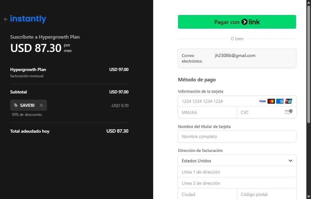 Instantly checkout page showing Instantly promo code box | Screenshot taken by SimplyCodes community member on Jul 17, 2025