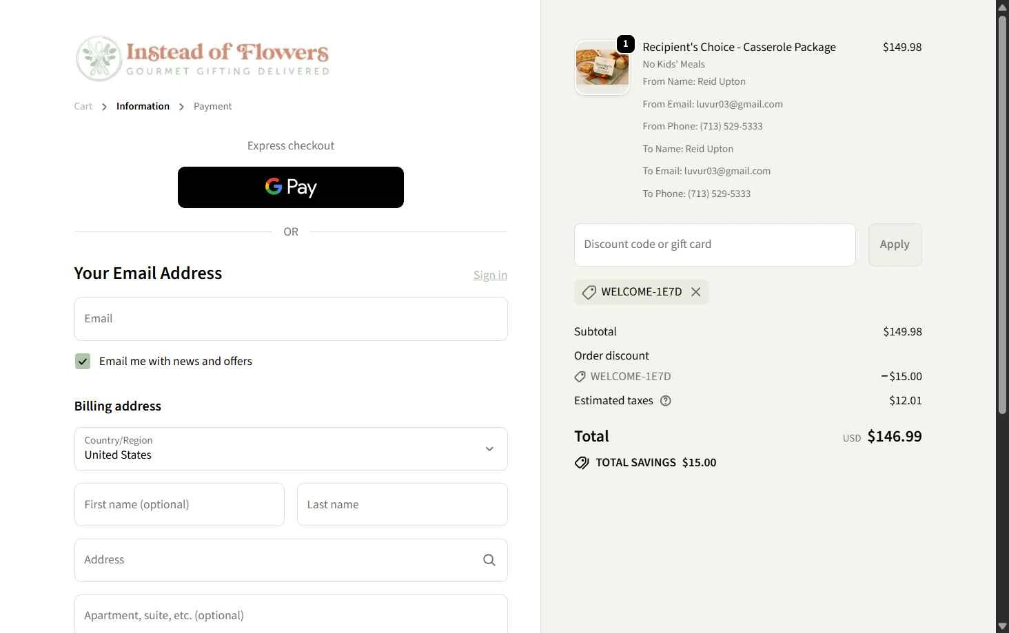 Instead of Flowers checkout page showing Instead of Flowers discount code box | Screenshot taken by SimplyCodes community member on Feb 5, 2026