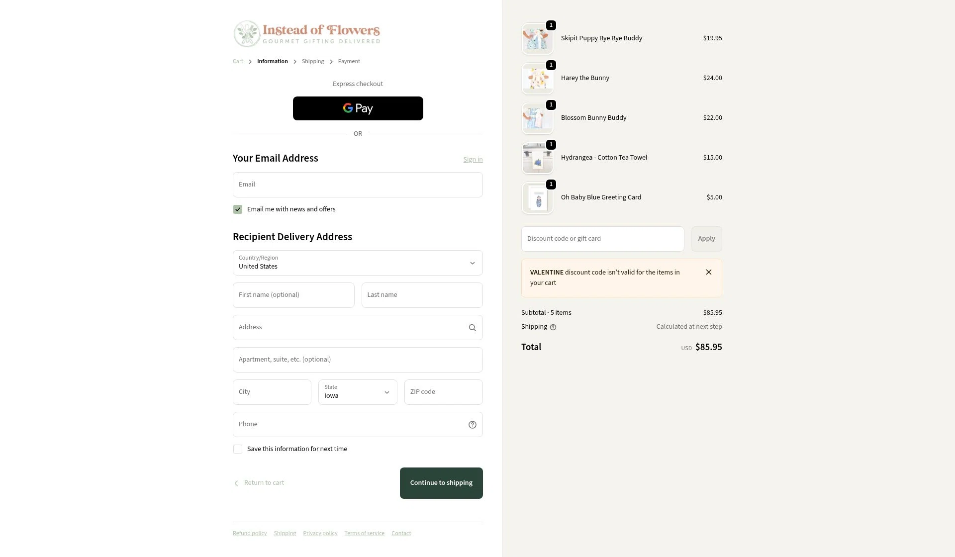 Instead of Flowers checkout page showing Instead of Flowers discount code box | Screenshot taken by SimplyCodes community member on Feb 5, 2026