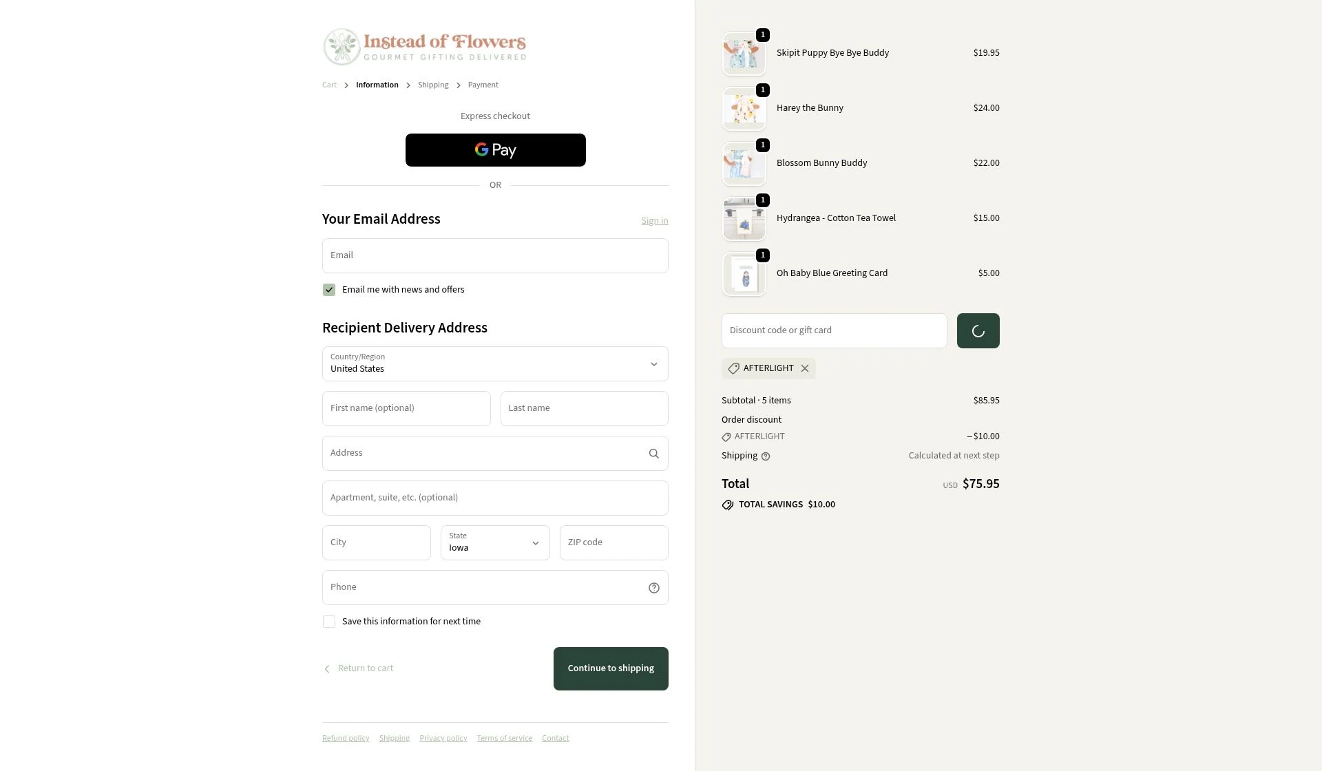 Instead of Flowers checkout page showing Instead of Flowers discount code box | Screenshot taken by SimplyCodes community member on Feb 5, 2026