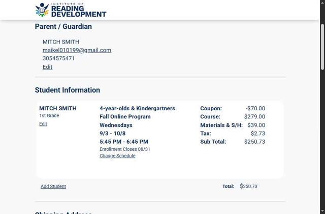 Institute of Reading Development checkout page showing Institute of Reading Development discount code box | Screenshot taken by SimplyCodes community member on Aug 19, 2025