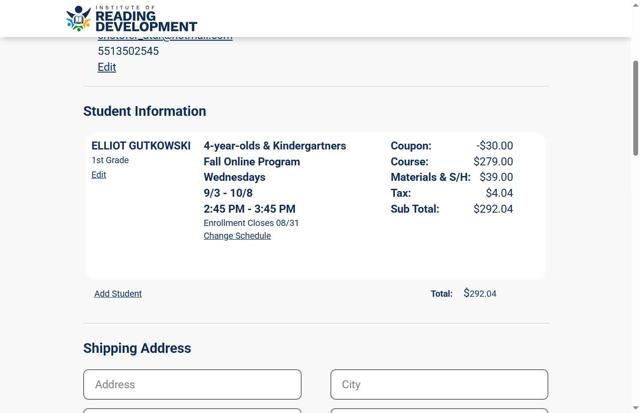 Institute of Reading Development checkout page showing Institute of Reading Development discount code box | Screenshot taken by SimplyCodes community member on Aug 20, 2025
