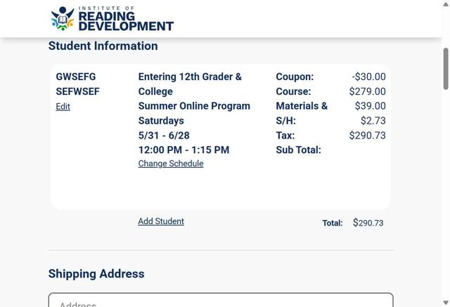 Institute of Reading Development checkout page showing Institute of Reading Development discount code box | Screenshot taken by SimplyCodes community member on Apr 30, 2025