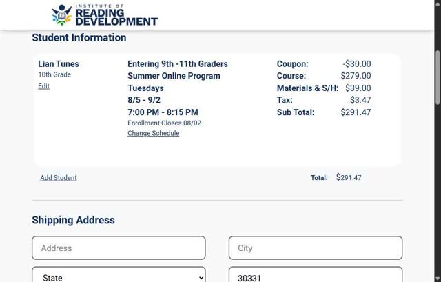 Institute of Reading Development checkout page showing Institute of Reading Development discount code box | Screenshot taken by SimplyCodes community member on Jul 22, 2025