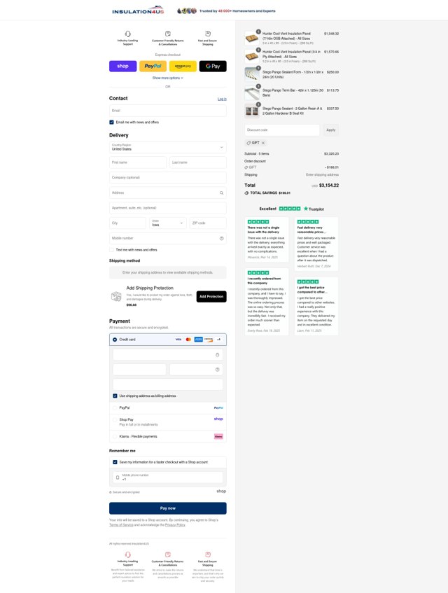 Insulation4US checkout page showing Insulation4US discount code box | Screenshot taken by SimplyCodes community member on Sep 4, 2025
