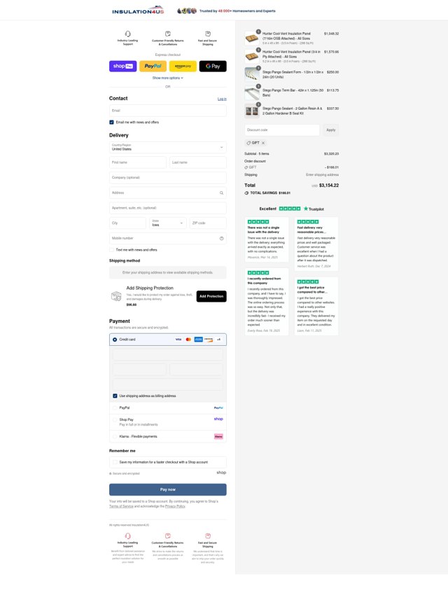 Insulation4US checkout page showing Insulation4US discount code box | Screenshot taken by SimplyCodes community member on Aug 27, 2025