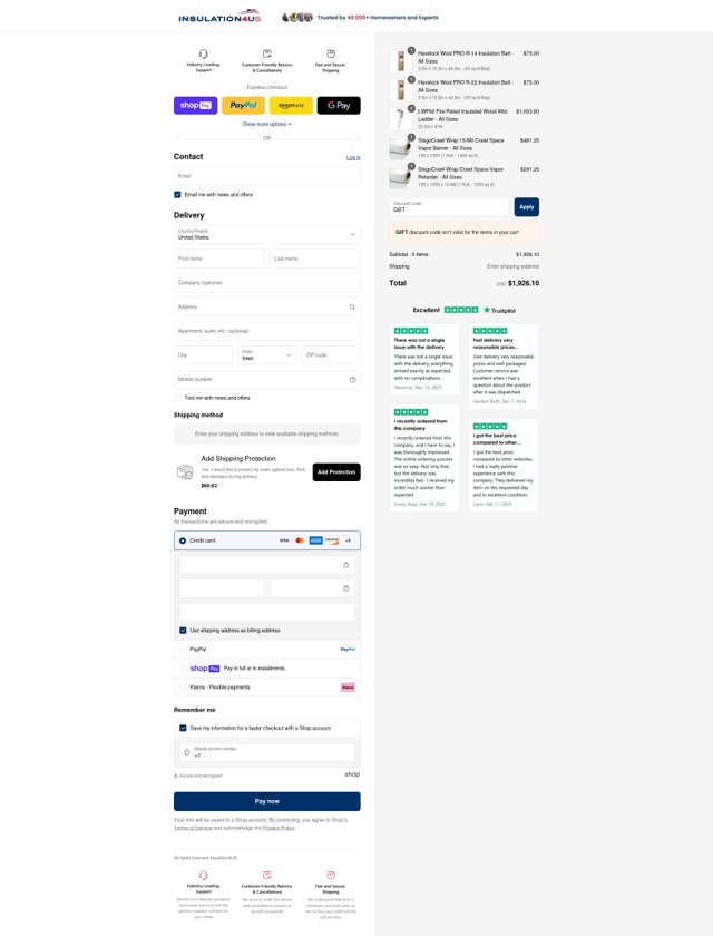 Insulation4US checkout page showing Insulation4US discount code box | Screenshot taken by SimplyCodes community member on Aug 13, 2025