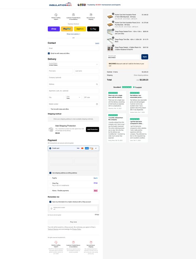 Insulation4US checkout page showing Insulation4US discount code box | Screenshot taken by SimplyCodes community member on Sep 4, 2025