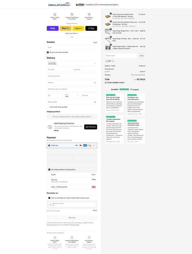 Insulation4US checkout page showing Insulation4US discount code box | Screenshot taken by SimplyCodes community member on Aug 31, 2025
