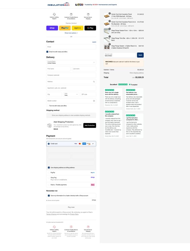 Insulation4US checkout page showing Insulation4US discount code box | Screenshot taken by SimplyCodes community member on Aug 31, 2025