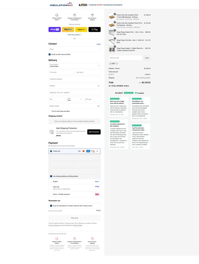 Insulation4US checkout page showing Insulation4US discount code box | Screenshot taken by SimplyCodes community member on Aug 23, 2025