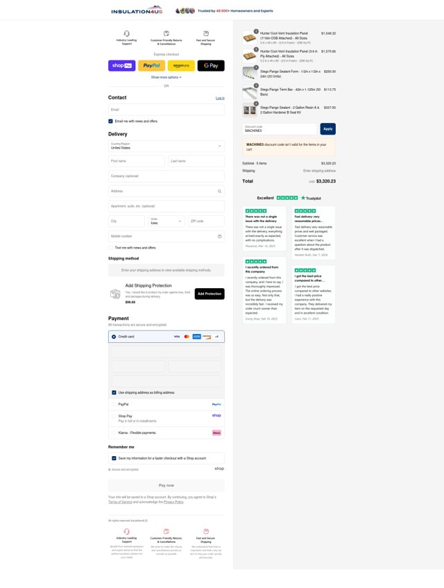 Insulation4US checkout page showing Insulation4US discount code box | Screenshot taken by SimplyCodes community member on Aug 23, 2025