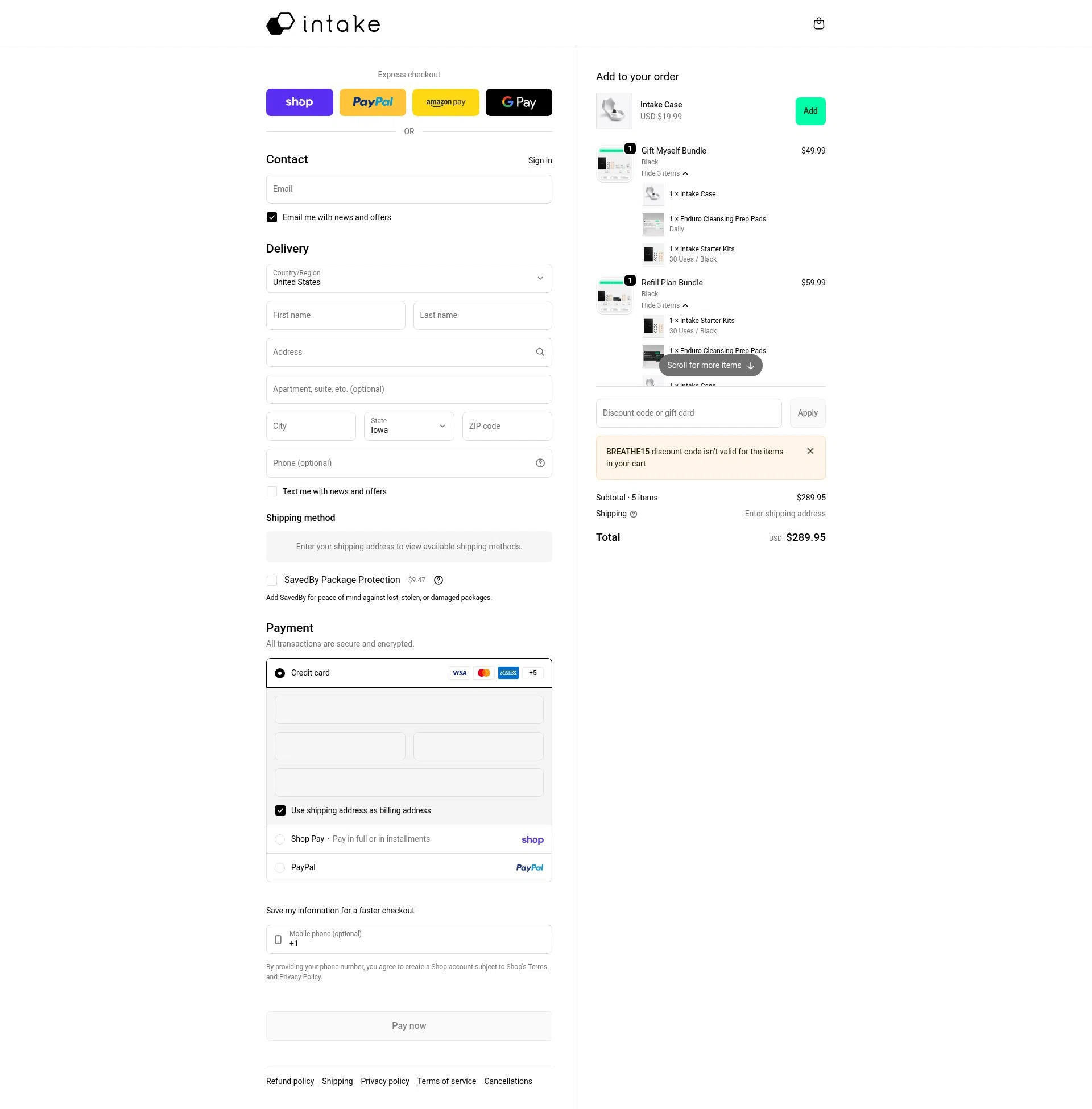 Intake Breathing checkout page showing Intake Breathing discount code box | Screenshot taken by SimplyCodes community member on Feb 13, 2026