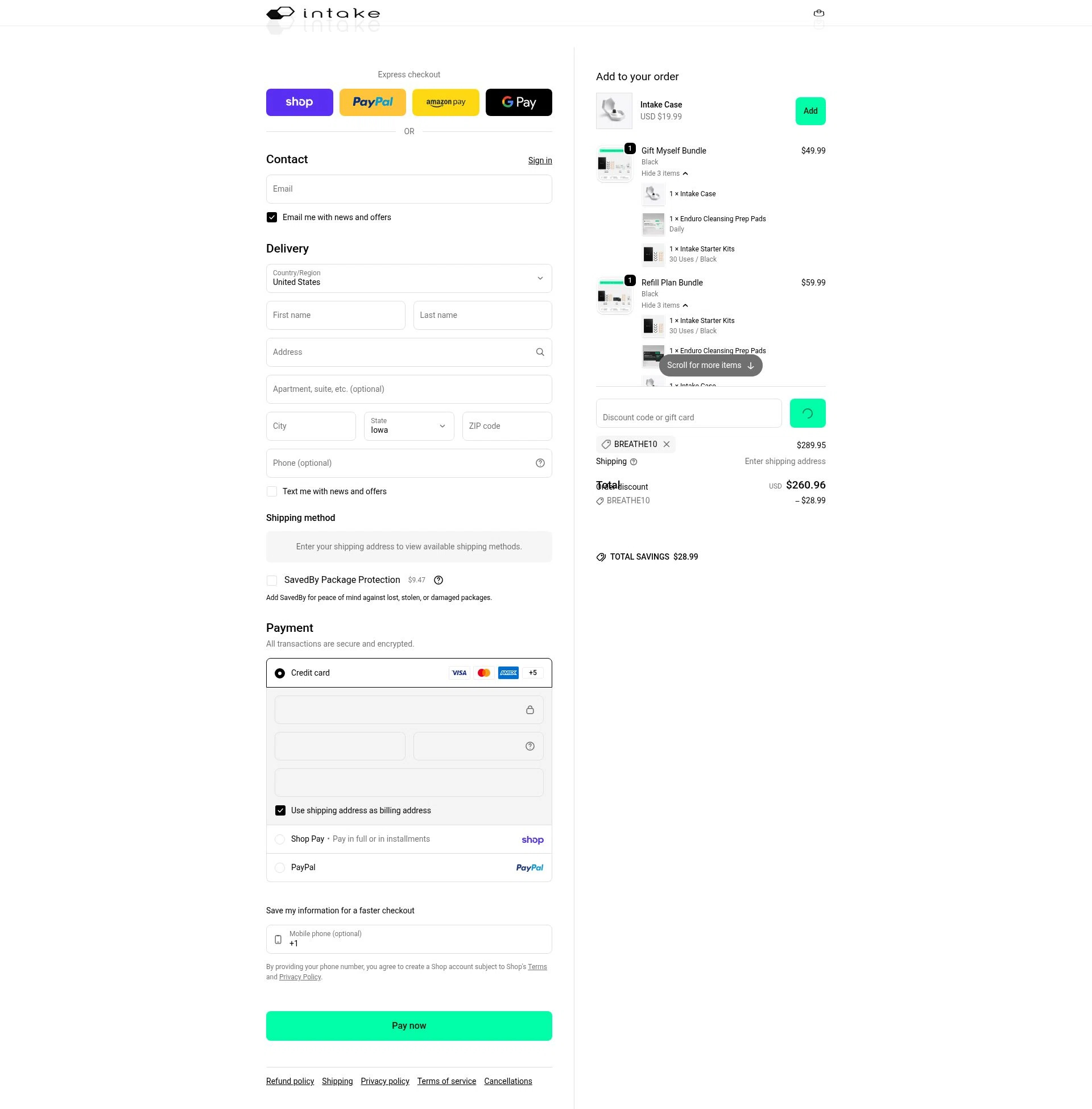 Intake Breathing checkout page showing Intake Breathing discount code box | Screenshot taken by SimplyCodes community member on Feb 8, 2026