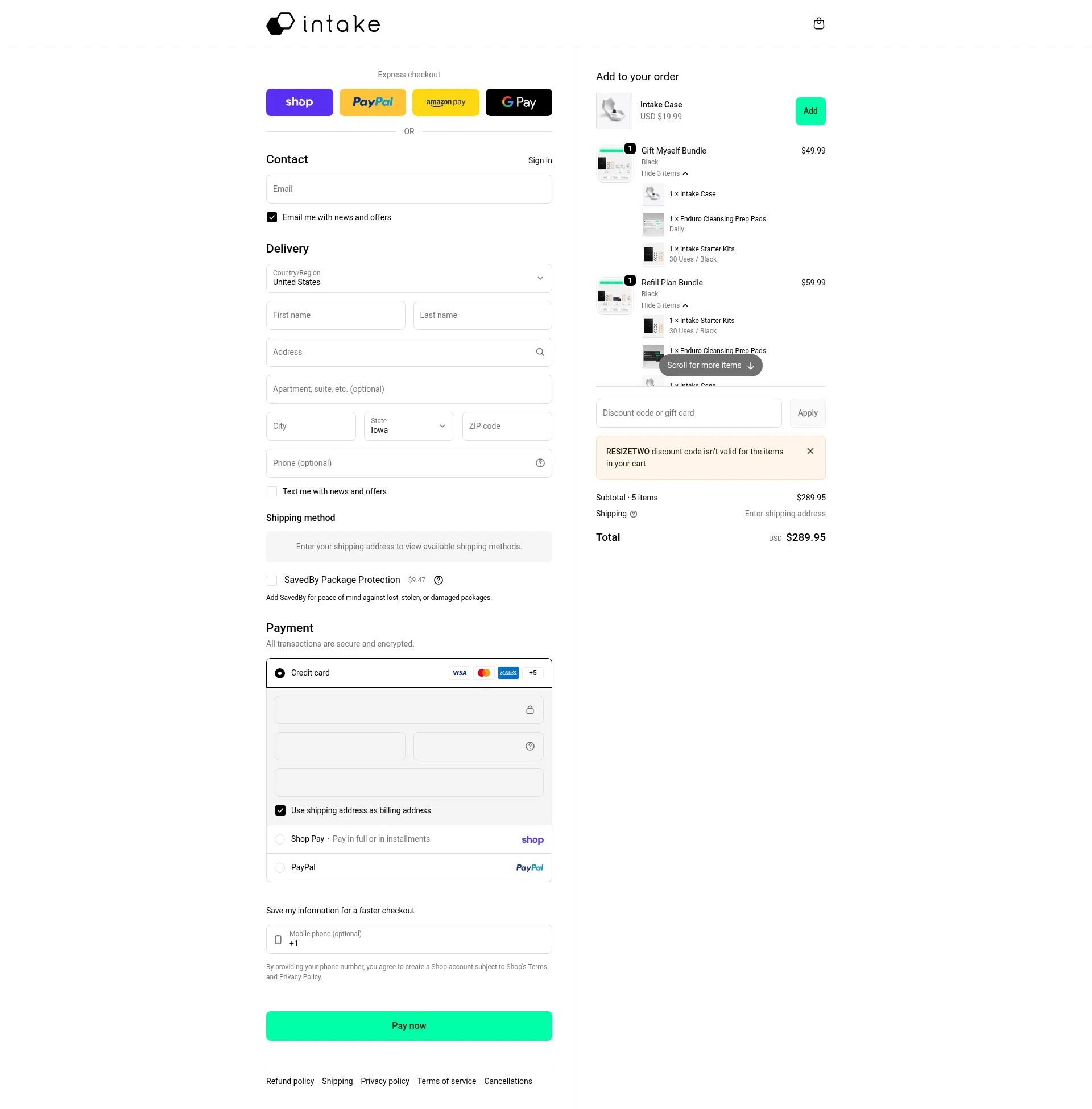 Intake Breathing checkout page showing Intake Breathing discount code box | Screenshot taken by SimplyCodes community member on Feb 8, 2026