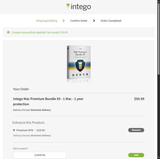 Intego checkout page showing Intego coupon code box | Screenshot taken by SimplyCodes community member on Jul 20, 2025