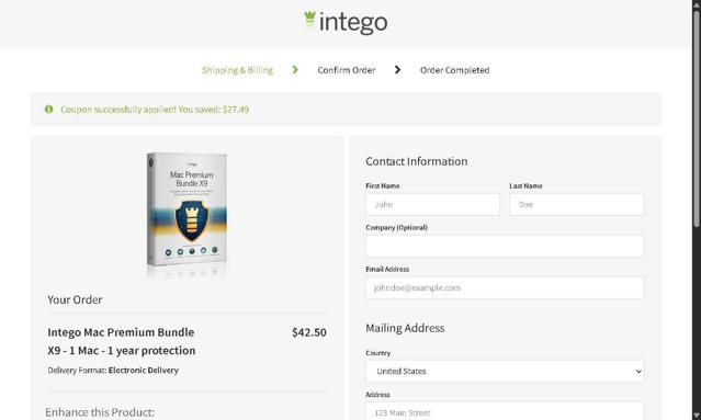Intego checkout page showing Intego coupon code box | Screenshot taken by SimplyCodes community member on Sep 7, 2025