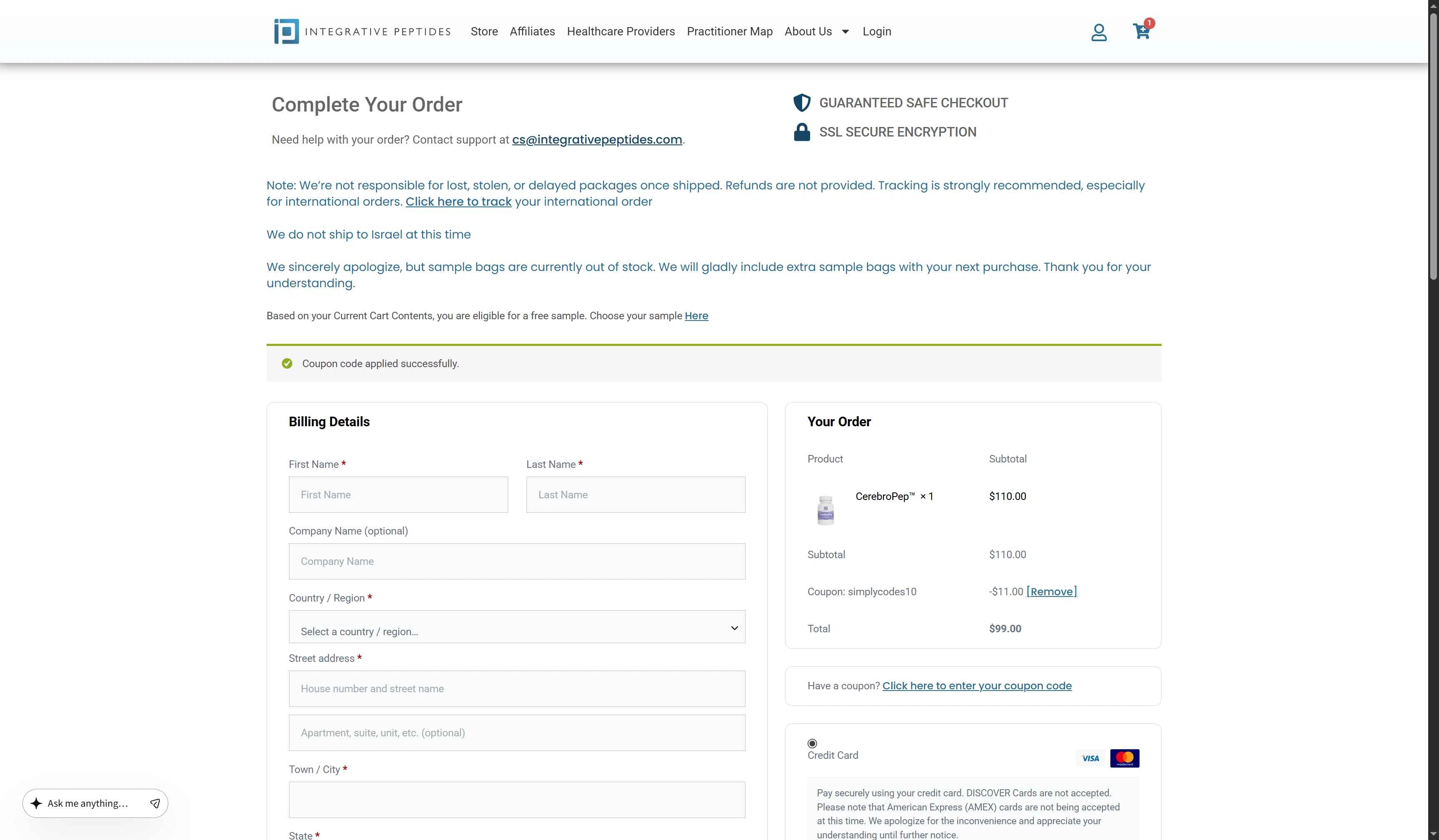 Integrative Peptides checkout page showing Integrative Peptides coupon code box | Screenshot taken by SimplyCodes community member on Jan 11, 2026